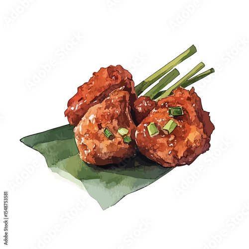 Watercolor Illustration of Fried Food with Green Onions and Lemongrass