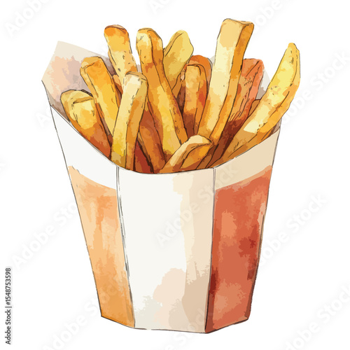 Watercolor Illustration of Golden French Fries in a Paper Container