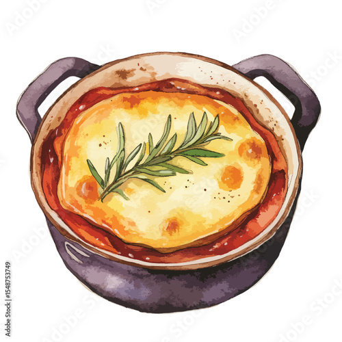 Watercolor Illustration of RosemaryGarnished Baked Dish in Dark Pot