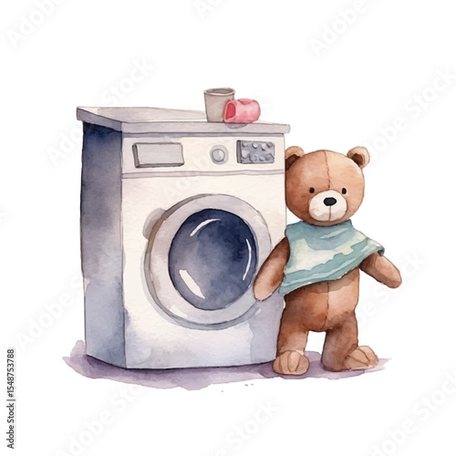 Watercolor Illustration of Teddy Bear and Washing Machine with Accessories