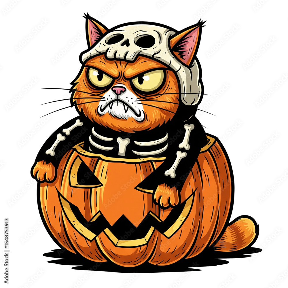 Obraz premium Grumpy Orange Cat in Skeleton Costume Sitting in Pumpkin