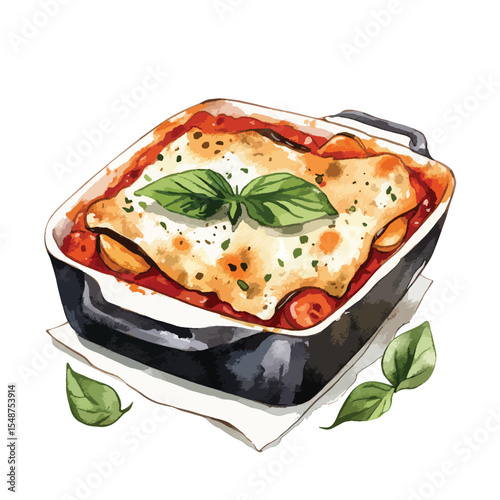 Watercolor Lasagna in Dark Baking Dish with Basil Garnish