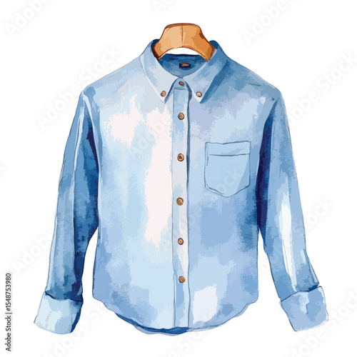 Watercolor Light Blue Denim Shirt on Wooden Hanger