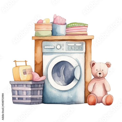 Watercolor Laundry Scene with Washing Machine Clothes Basket and Teddy Bear