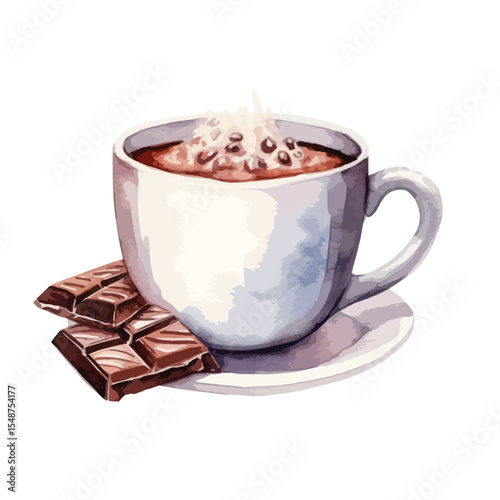Watercolor Mug of Steaming Hot Chocolate with Chocolate Pieces