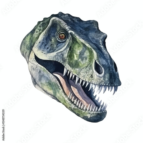 Watercolor Painting of a Detailed Tyrannosaurus Rex Head with Open Mouth