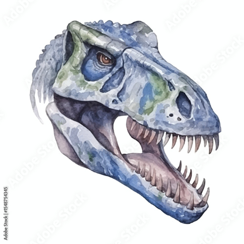 Watercolor Painting of a Detailed Tyrannosaurus Rex Skull with Open Jaw