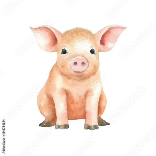 Watercolor Painting of a Cute Piglet Sitting