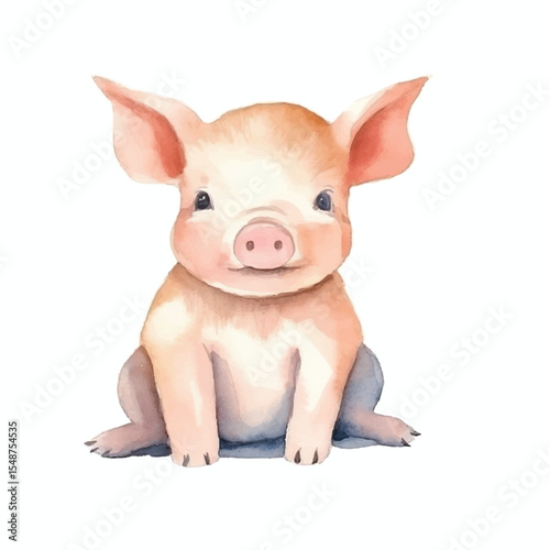 Watercolor Painting of an Adorable Piglet Sitting