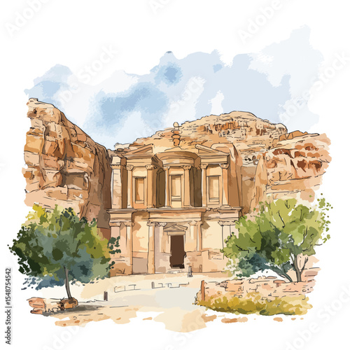 Watercolor Painting of AlDeir Monastery in Petra Jordan with Lush Green Trees