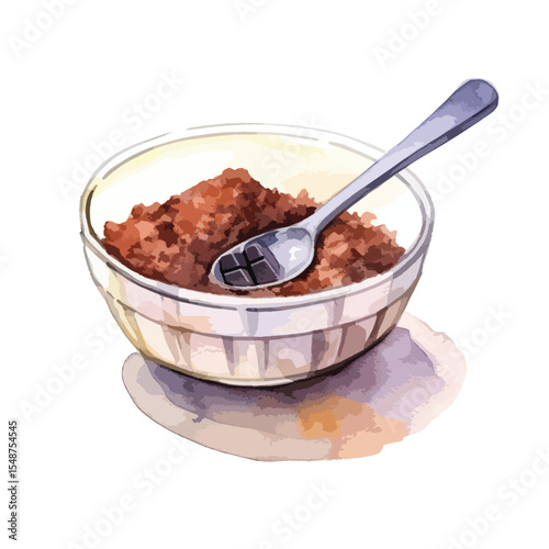 Watercolor Painting of Brown Sugar in Glass Bowl with Spoon