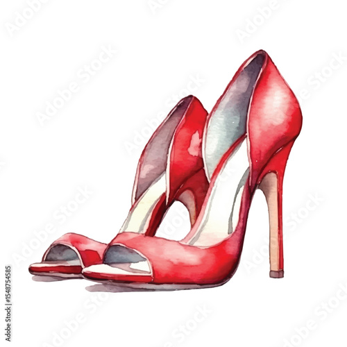 Watercolor Painting of Elegant Red High Heels with Peep Toes