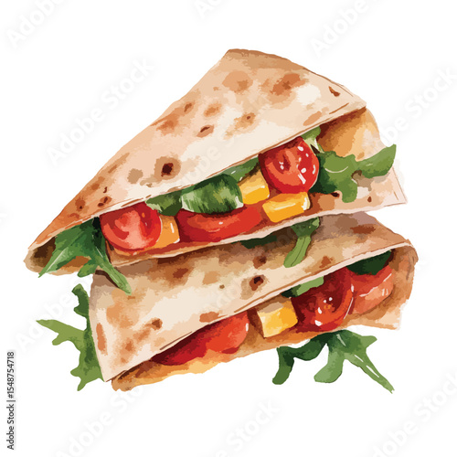 Watercolor Painting of Two Savory Quesadillas with Tomatoes and Greens