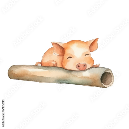 Watercolor Piglet Napping Peacefully on a Hollow Log with Closed Eyes