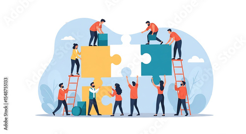 Group of people working together to assemble large puzzle pieces, symbolizing teamwork with white isolated background