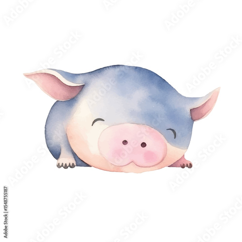 Watercolor Piglet with Blue and Pink Tones Smiling and Relaxed