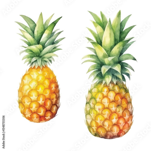 Watercolor Pineapples Two Tropical Fruits with Detailed Crown and Textured Skin