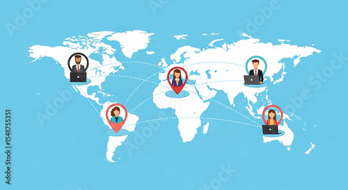 World map illustration showing connected people with laptops in different locations, linked by lines. photo