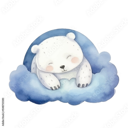 Watercolor Polar Bear Cub Dreaming on a Blue Cloud