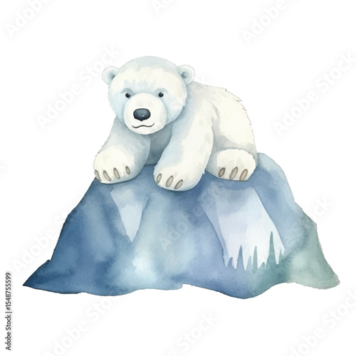 Watercolor Polar Bear Cub Resting Atop a Blue Iceberg Illustration
