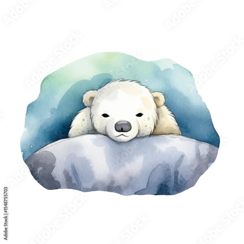 Watercolor Polar Bear Cub Snuggled in Blanket Peaceful Sleep