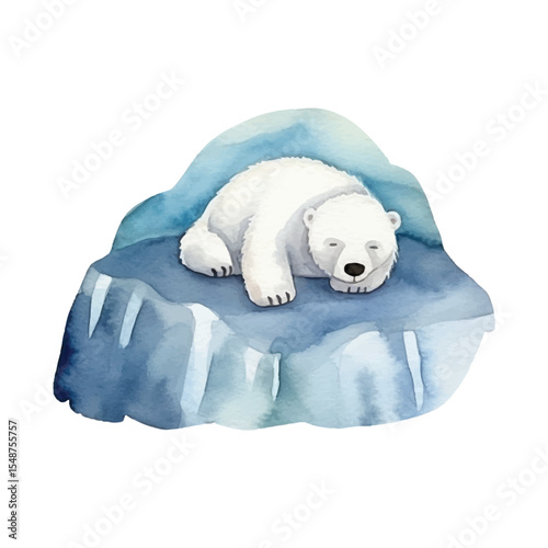 Watercolor Polar Bear Napping Peacefully on a Blue Iceberg