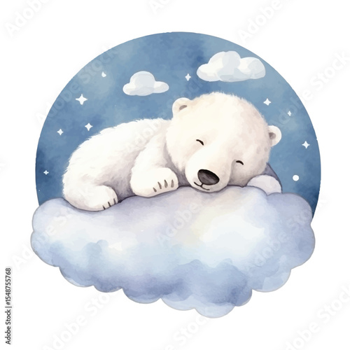 Watercolor Polar Bear Napping Peacefully on a Fluffy Cloud Under Stars