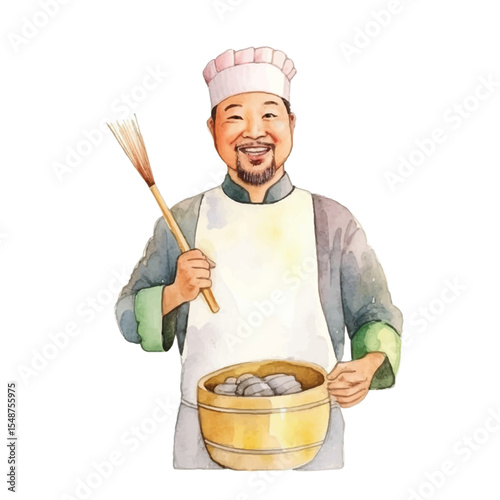 Watercolor Portrait of a Smiling Asian Chef Holding a Wooden Bowl and Brush