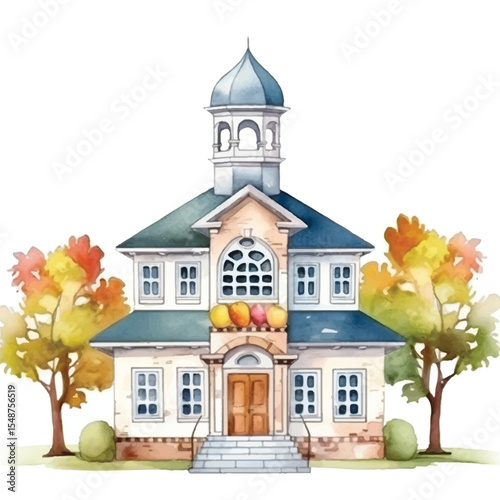 Watercolor rendition of a charming building with autumn trees and pumpkins