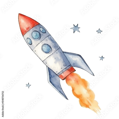 Watercolor Rocket Ship Ascending with Stars Red Nose Cone and Fiery Exhaust