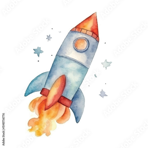 Watercolor Rocket Ship Taking Off into Space (1)