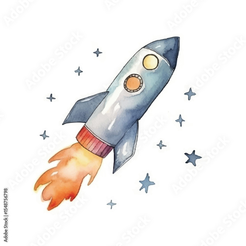 Watercolor Rocket Ship with Fiery Exhaust and Starry Celestial Background