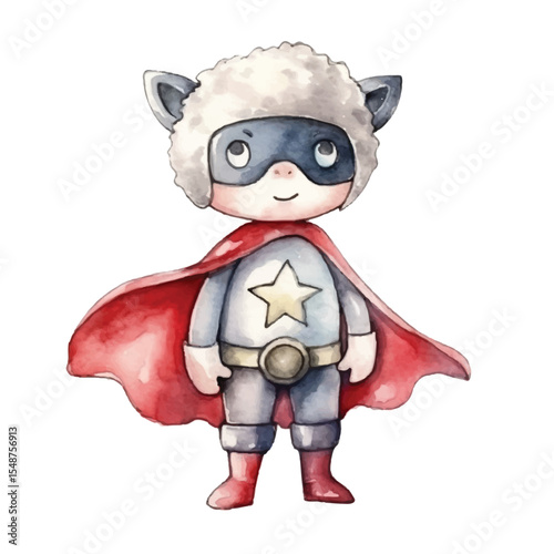 Watercolor Sheep Superhero in Red Cape and Mask