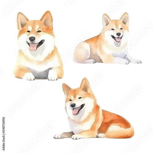 Watercolor Shiba Inu Dogs in Various Poses Smiling and Relaxed