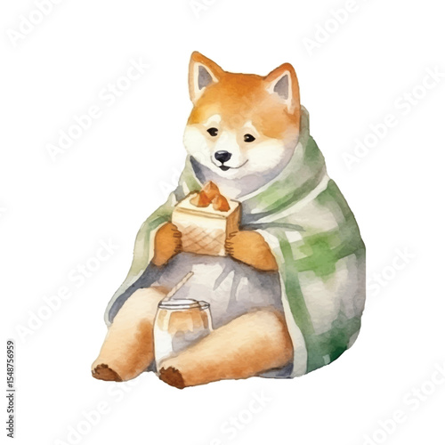 Watercolor Shiba Inu Enjoying Cake and Drink Wrapped in a Cozy Blanket