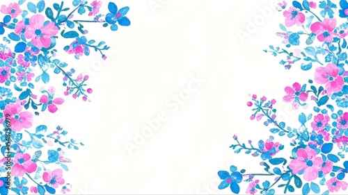Floral Watercolor Corner Frame – Pink and Blue Blossoms on White Background