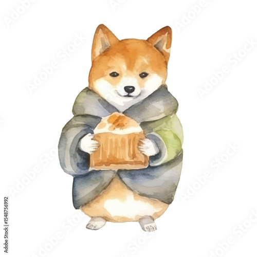 Watercolor Shiba Inu in Coat Holding Cupcake