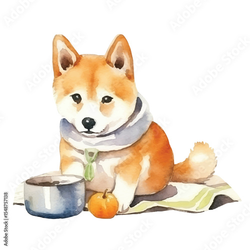 Watercolor Shiba Inu Puppy with Bowl and Apple