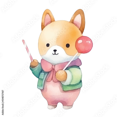 Watercolor Shiba Inu Puppy with Candy Cane and Lollipop