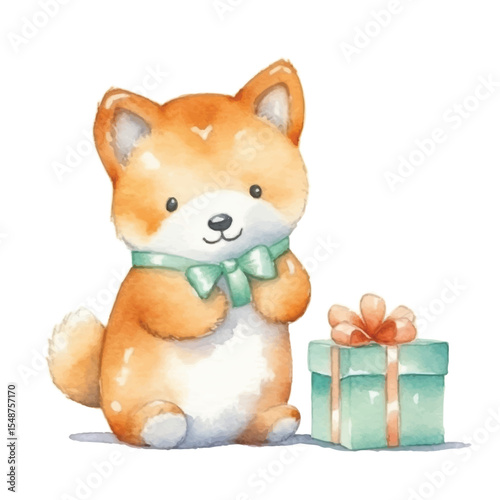 Watercolor Shiba Inu Puppy with Mint Green Gift