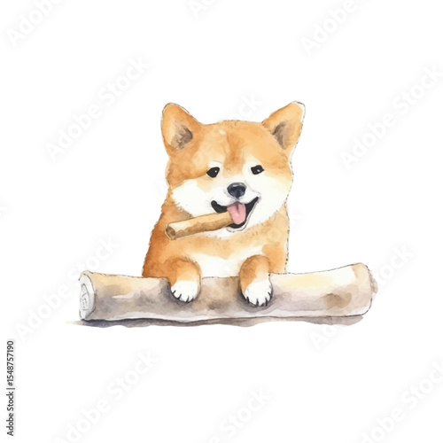 Watercolor Shiba Inu Puppy with Stick and Log Tongue Out Happy