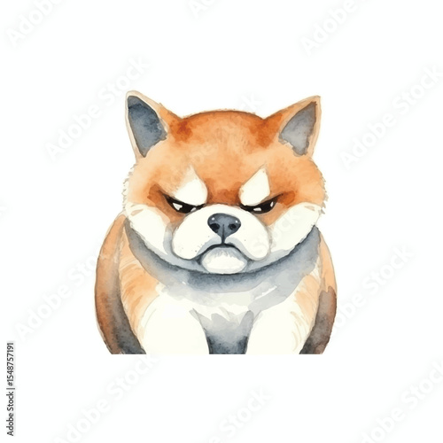 Watercolor Shiba Inu with a Fierce Grumpy and Determined Expression