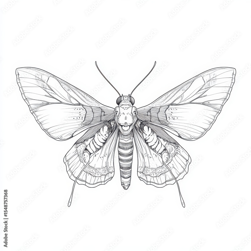 Obraz premium Moth Line Drawing. Beautiful Butterfly Line Icon on White Background