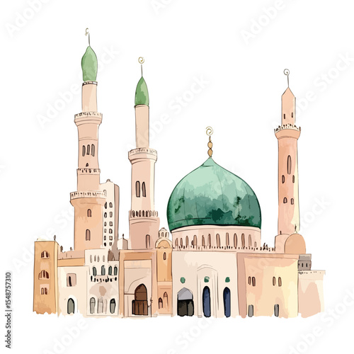 Watercolor Sketch of a Mosque with Teal Dome and Minarets
