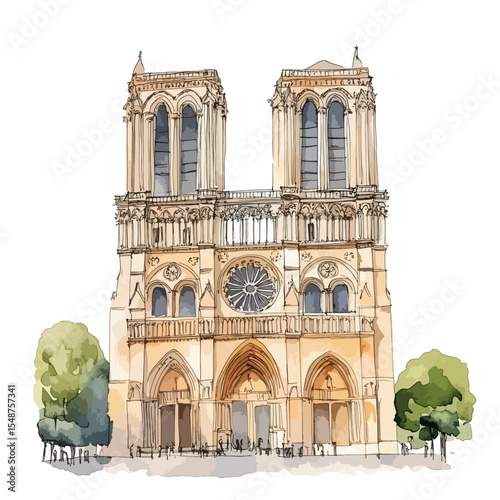 Watercolor Sketch of Notre Dame Cathedral in Paris