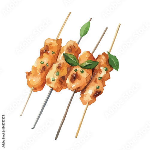 Watercolor Skewers of Grilled Chicken with Fresh Herbs and Green Onions