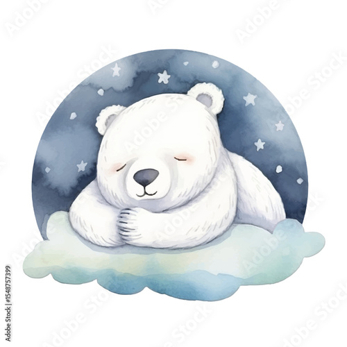 Watercolor Sleeping Polar Bear on Cloud with Starry Night Backdrop