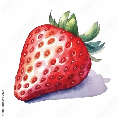 Watercolor Strawberry with Detailed Seeds and Green Calyx (1)