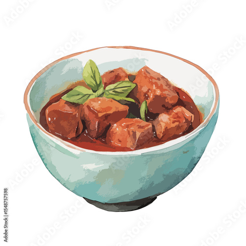 Watercolor Style Bowl of Braised Meat with Basil Garnish