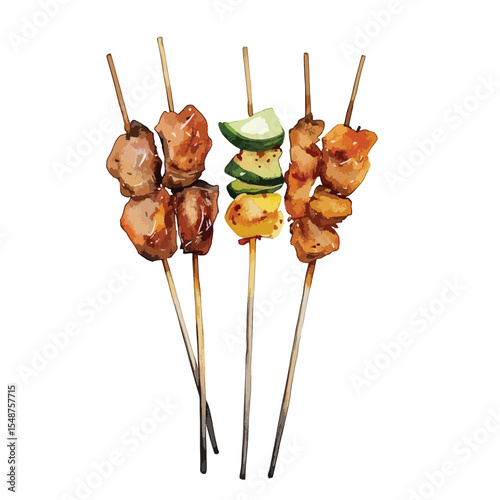 Watercolor Style Grilled Meat and Vegetable Skewers